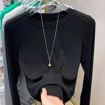 Базовая рубашка с круглым вырезом для женщин на весну и лето, новая футболка с длинными рукавами, модный облегающий топ с внутренней стороной однотонного цвета для женщин S чёрный