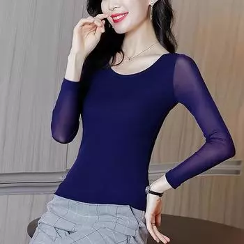 Базовая рубашка с круглым вырезом. Осень. Новый тонкий и универсальный пуловер с сетчатым внутренним топом для женской футболки Temperament. M