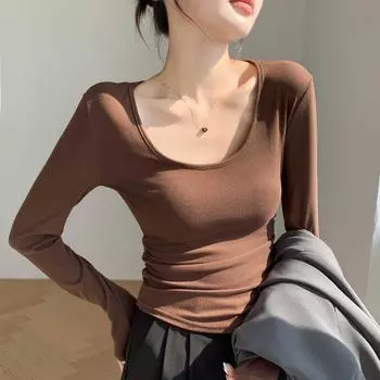 Базовая рубашка с низким О-образным вырезом для женщин, пуловер, осенне-зимняя теплая футболка с длинными рукавами, облегающий однотонный топ M