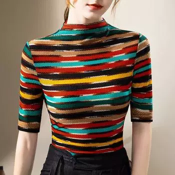 Базовая рубашка с полуводолазкой для женщин, новая женская контрастная полосатая футболка со средними рукавами, сетчатый топ с эластичной талией S