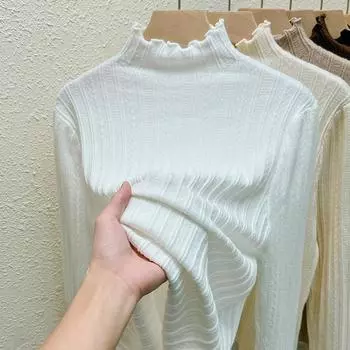 Базовая рубашка с полуводолазкой для женщин, новая весенне-осенняя, мягкая и клейкая, приятная для кожи, вязаная кофта с теплым черным верхом с ушками S чёрный