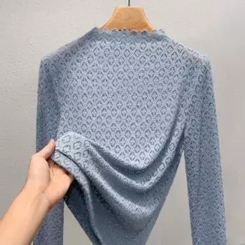 Базовая рубашка с полуводолазкой для женщин, новая женская кружевная рубашка в стиле ретро, слегка прозрачная внутренняя часть талии, топ с длинными рукавами S синий