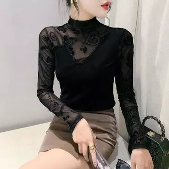 Базовая рубашка с полуводолазкой для женщин с футболкой с длинными рукавами в зимнем сексуальном сетчатом топе с тяжелыми бусинами M чёрный