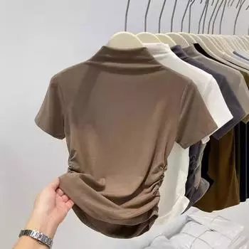 Базовая рубашка с полувысоким воротом и короткими рукавами, легкая футболка из чистого хлопка для весны, лета и осени, облегающая маленькая рубашка, элегантный топ S чёрный