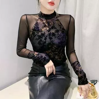 Базовая рубашка с принтом в стиле ретро, облегающая футболка с длинными рукавами, сетчатый кружевной топ, состоящий из двух частей спереди и сзади S
