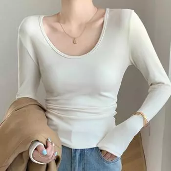 Базовая рубашка с U-образным вырезом для осени и зимы, футболка с длинными рукавами, облегающий топ M белый