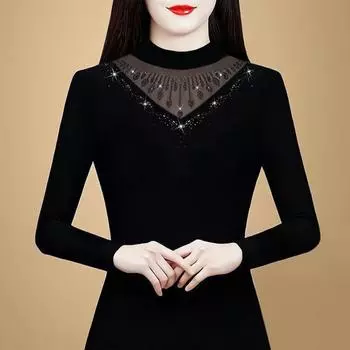 Базовая рубашка в корейском стиле для женщин с зимней новой сетчатой футболкой с длинными рукавами, рубашка для мам M