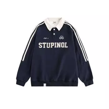 Базовая толстовка поло-воротник в стиле ретро для колледжа 2025 размера плюс для женщин - Весенне-осенний трендовый стиль L (Recommended: 100-125 jin) тёмно-синий