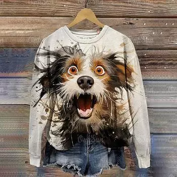 Базовая толстовка с капюшоном с круглым вырезом Женская одежда Осенние толстовки с принтом 3D Dog Animal Топы с длинным рукавом Повседневная уличная одежда Пуловер S