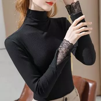 Базовое пальто с полувысоким воротником, женская футболка из модала с длинными рукавами, кружевной топ с рукавами-трубой, элегантная и удобная женская футболка S чёрный