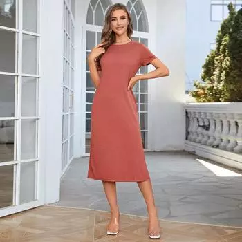 Базовое простое платье для женщин, летнее платье с круглым вырезом, короткими рукавами и длинными рукавами, тонкое модное платье с однотонным подолом и разрезом, дышащее легкое удобное платье S