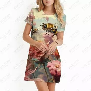 Базовое женское летнее мини-платье для офиса, вечернее платье, женское повседневное свободное платье, платье с принтом пчелы и меда 3D, женская одежда S
