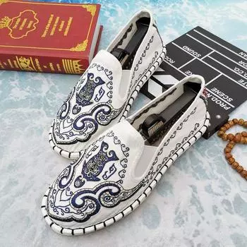 Базовые летние льняные туфли на плоской подошве в китайском стиле, женские повседневные туфли, женские кроссовки, большой размер 44, женские мокасины с вышивкой 44