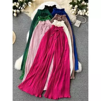 Базовые повседневные брюки с повязками, женские летние широкие драпированные брюки большого размера с высокой талией, однотонные длинные плиссированные брюки S чёрный