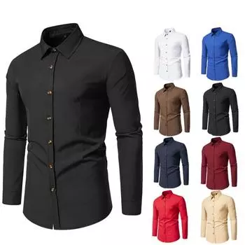 Базовые рубашки Мужские рубашки с длинным рукавом Приталенные деловые рубашки Мужские топы с лацканами S хаки
