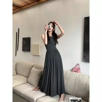 Базовые трикотажные однотонные весенне-летние женские платья трапециевидной формы, Vestidos в корейском стиле, тонкий халат в стиле ретро, Femme с высокой талией One Size чёрный