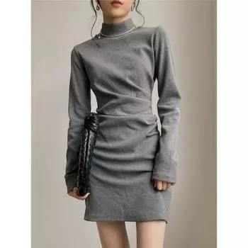 Базовые узкие платья с открытой спиной и поясом, женская одежда, элегантное полувысокое воротниковое осенне-зимнее однотонное шикарное мини-платье с длинным рукавом M серый