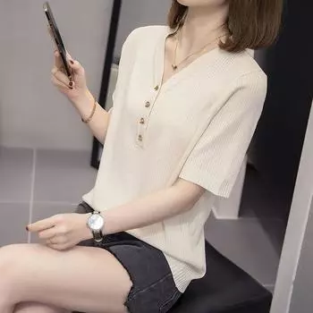 Базовые выпуски футболки женские летние большие размеры тонкие модные V-образный вырез с короткими рукавами трикотажная рубашка боди XL чёрный