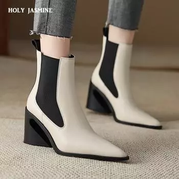 Базовые женские ботильоны из натуральной кожи, осенне-зимние необычные туфли на высоком каблуке, женские зрелые офисные туфли с острым носком 2024 года 34 чёрный