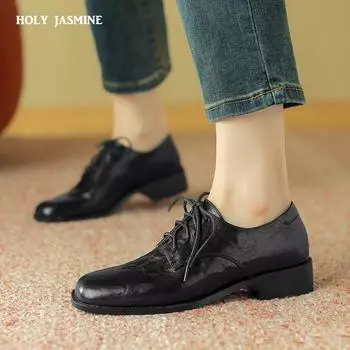 Базовые женские туфли-лодочки с круглым носком из натуральной кожи для офиса, женские туфли на шнуровке на толстом каблуке, весна-лето 2024, новые сапоги 34 чёрный