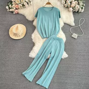 Базовый летний женский вязаный свитер, однотонный спортивный костюм, модный повседневный свободный пуловер с короткими рукавами, топ, женские брюки, комплект из двух предметов One Size чёрный