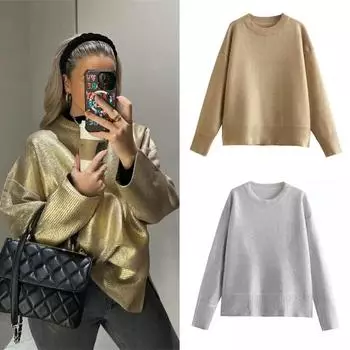 Базовый обычный вязаный кашемировый свитер для женщин 2024 года, новые зимние свободные однотонные женские пуловеры, теплые повседневные трикотажные свитера S золотой