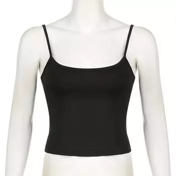 Базовый однотонный топ-майка, летний повседневный топ без рукавов на тонких бретельках, женские укороченные топы Harajuku, универсальные, винтажная одежда y2k S чёрный