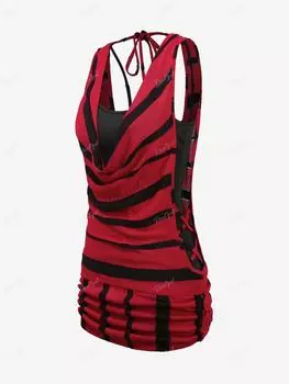 Базовый однотонный топ на бретельках Rosegal в готическом стиле с воротником-хомутом, рюшами в полоску, на шнуровке, с V-образным вырезом на спине, топ без рукавов, комплект из 2 предметов XL красный