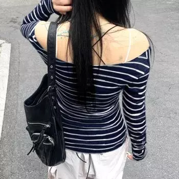 Базовый полосатый свитер с круглым вырезом и открытыми плечами, футболка в стиле ретро с длинным рукавом для женщин M темно-серого