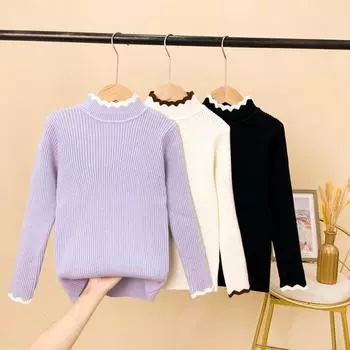 Базовый свитер для девочек на осень и зиму, цельный бархатный новый стиль, средний воротник в корейском стиле, подкладка из флиса для девочек, трикотажная внутренняя часть 110cm чёрный