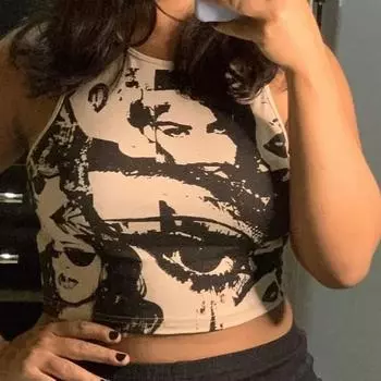 Базовый топ-жилет I-образной формы с принтом портрета персонажа Y2K S чёрный