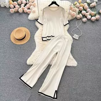 Базовый женский вязаный свитер с круглым вырезом на весну и лето, модный свободный повседневный спортивный костюм из двух предметов с короткими рукавами, женский брючный костюм One Size