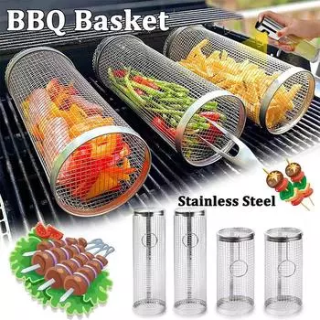BBQ basket Stainless steel grill Cooking grill Outdoor camping grill Drum Rolling grill Kitchen gadgets