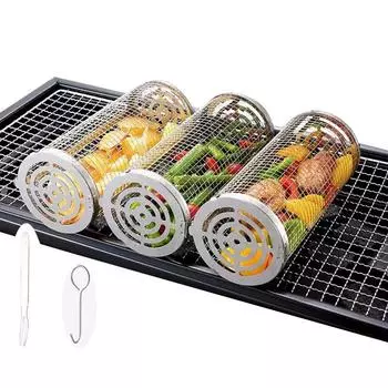 BBQ Cage Rolling New Type Stainless Steel Round Rolling Grill Basket Outdoor Portable Grill Basket Barbecue Rack Stainless Steel