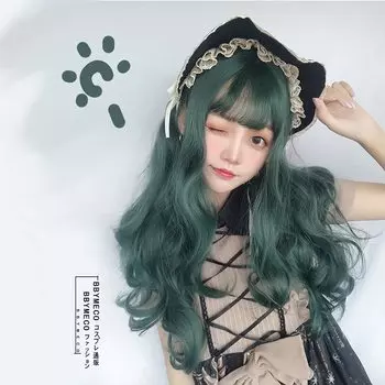 BBYMECO Long Hair Curly Hair Medium Wig School Festival Everyday Suitable Small Face Effect Cute Disguise Nature Harajuku Heat Resistant Wig Dark зелёный
