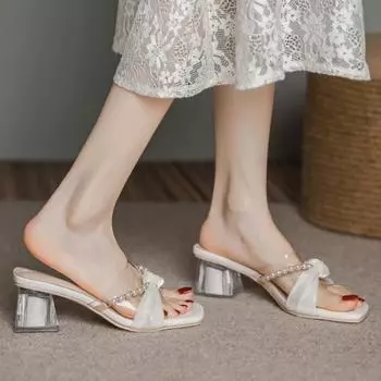 BCEBYL/летние модные легкие сандалии из ПВХ с квадратным носком на массивном каблуке и жемчугом, новые элегантные повседневные шлепанцы для женщин 35