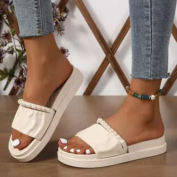 BCEBYL Летние повседневные модные удобные однотонные нескользящие износостойкие тапочки с круглым носком и плоской подошвой, украшенные бисером 36