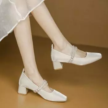 BCEBYL Летние туфли на толстом квадратном каблуке с неглубоким вырезом и жемчужным украшением, модные женские туфли, новые туфли на высоком каблуке для свадебного банкета и вечеринки 35