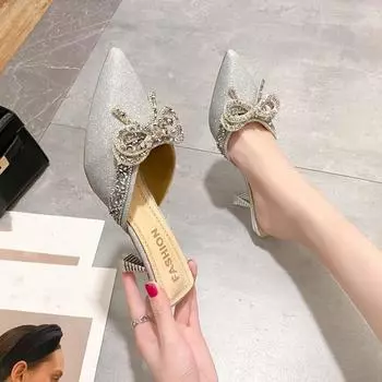 BCEBYL/Новинка, модная женская обувь на остром каблуке-шпильке с бантом и стразами, пикантные элегантные шлепанцы на высоком каблуке с открытым носком 35