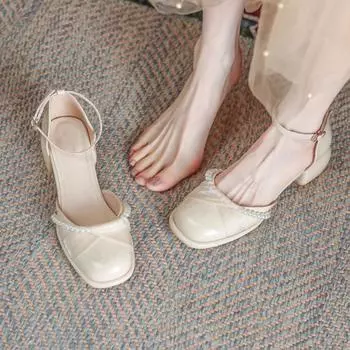 BCEBYL Новые элегантные женские туфли с круглым носком и квадратным каблуком, украшенные жемчугом, с неглубоким вырезом, удобные повседневные модные туфли для вечеринок на низком каблуке 35