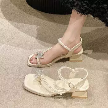 BCEBYL/Новые модные сандалии с квадратным носком на массивном каблуке, украшенные стразами и жемчугом, летние популярные элегантные женские туфли с открытым носком 35
