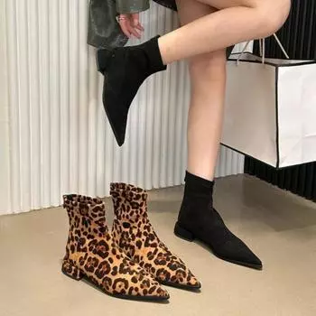 BCEBYL Осенне-зимняя мода Новые леопардовые ботильоны на квадратном каблуке с острым носком Удобные женские ботильоны на молнии Zapatos Mujer 36