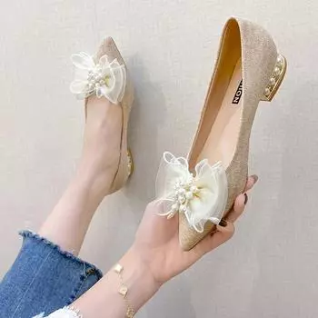 BCEBYL/весенне-летние модные новые женские туфли на низком каблуке с острым носком и бантом, жемчугом и банкетом 34