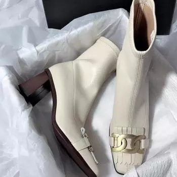 BCEBYL/зимние повседневные модные элегантные женские ботинки на высоком толстом высоком каблуке с квадратным носком, однотонные элегантные женские ботинки с металлическими украшениями 35