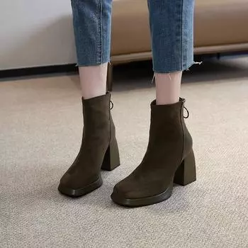 BCEBYL/зимние повседневные модные элегантные женские ботинки на толстом высоком каблуке с квадратным носком, удобные однотонные элегантные женские ботинки с короткой молнией сзади 35