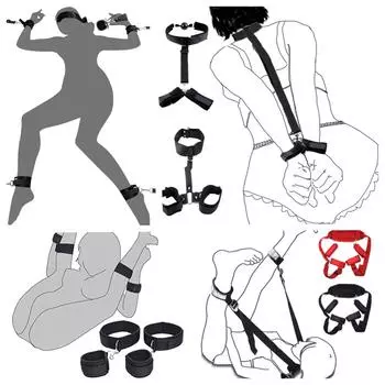 БДСМ Кровать Бинты Ограничения Наручники Открытая нога БДСМ Бондажный набор Манжеты на щиколотке Веревочный ремень Взрослый Фетиш Секс-игрушки для женщин Пары Black-C