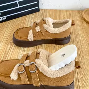 BE-6682 Latex insole/buckle Boken shoes women s shoes board shoes winter velvet lamb wool cotton shoes 2024 new 35 чёрный