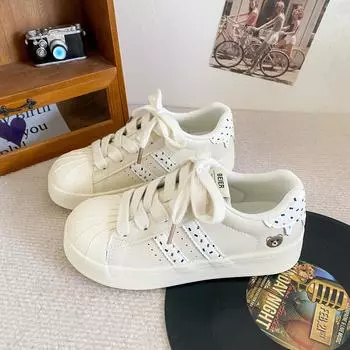 BE-6760 latex insole/shell head thick-soled leather board shoes women s 2024 new niche popular white shoes 35 жёлтый