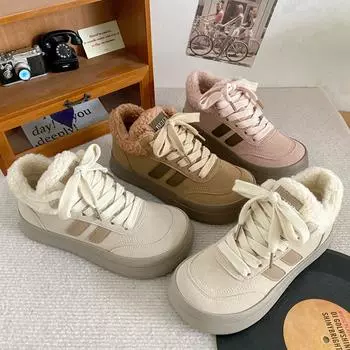 BE-6802 Туфли средней высоты с толстой подошвой и большим размером головки из овечьей шерсти и хлопка, женские туфли, зимние теплые бархатные туфли для доски, белые туфли Northeast 35 розовый