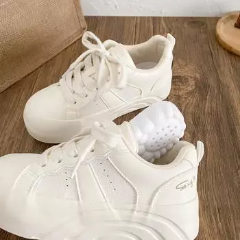 BE-6855 latex insole/platform white shoes women s shoes round head board shoes 2025 spring new versatile bread shoes 35 бежевый